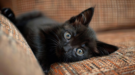Our image features a black kitten lying on the couch, with selective focus creating an adorable close-up. Perfect for conveying the coziness of home and the charm of a cute feline friend.の素材