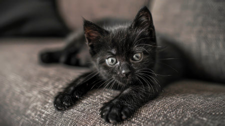 Our image features a black kitten lying on the couch, with selective focus creating an adorable close-up. Perfect for conveying the coziness of home and the charm of a cute feline friend.の素材