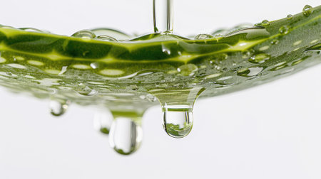 Our image showcases aloe gel dripping from aloe vera slice, isolated on white-an inviting visual for promoting organic skincare, wellness, and the natural benefits of aloe veraの素材
