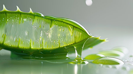 Our image showcases aloe gel dripping from aloe vera slice, isolated on white-an inviting visual for promoting organic skincare, wellness, and the natural benefits of aloe veraの素材