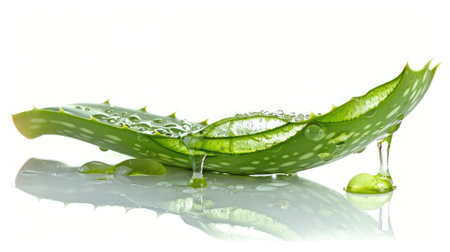 Our image features aloe gel dripping from an aloe vera slice, isolated on white-an invitation to explore the organic beauty, healing benefits, and natural freshness of aloe vera in skincareの素材