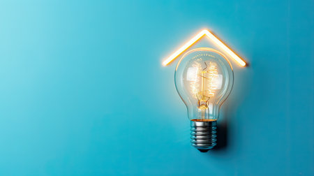 Our image features a light bulb with a filament forming a house icon on a blue background-conveying the idea of creative home solutions and innovation in the housing sectorの素材