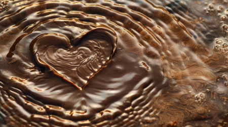 Our image features heart shape ripples on a chocolate surface-an irresistible visual portraying the artistry and decadence of a romantic dessert for your culinary designsの素材