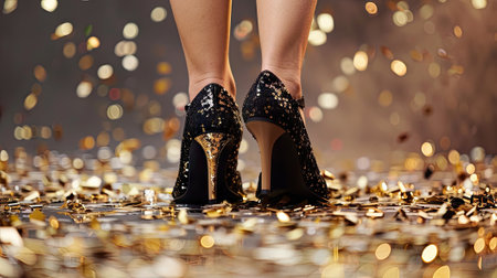 Our image features a crop of an anonymous female in stylish black high-heeled shoes standing on golden confetti-a glamorous studio moment perfect for fashion and festive conceptsの素材