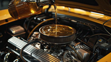 fresh oil into the car engine during an oil change-a visual narrative of meticulous car care and maintenanceの素材