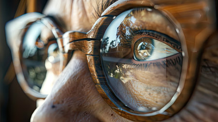 Our image features wooden eyes with vision lenses and glasses-a unique perspective on clear vision, nature reflection, and transparent sight. Perfect for conveying a vintage and retro conceptの素材