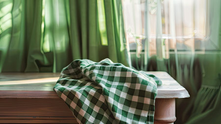 Our image features a green checkered kitchen towel on a table above a curtain background-a stylish portrayal of kitchen decor, textile design, and the art of table settingの素材