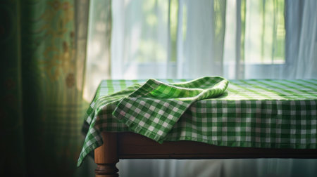 Our image features a green checkered kitchen towel on a table above a curtain background-a stylish portrayal of kitchen decor, textile design, and the art of table settingの素材