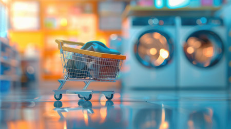 basket with laundry against the background of blurred washing machinesの素材