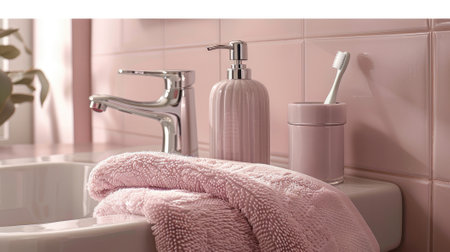 Our image showcases a soap dispenser and spa towel on a pastel bathroom window interior-a serene depiction of bathroom decor, cleanliness, and the soothing ambiance of a home spaの素材