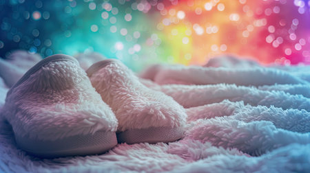 White slippers on a colorful space background, epitomizing relaxation concepts and comfort at home.の素材