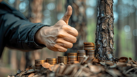 Coin stack grows with a thumbs up and a man's hand on a tree, symbolizing business and financial success.の素材