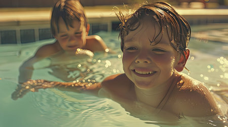 Closeup shot of kids in a swimming pool on a sunny day, highlighting the delightful and memorable moments of summer recreation.の素材