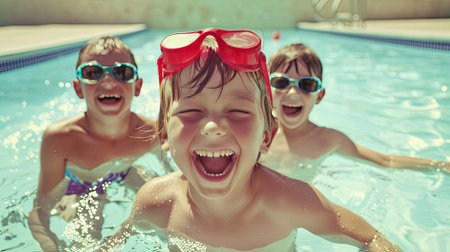 Closeup shot of kids in a swimming pool on a sunny day, highlighting the delightful and memorable moments of summer recreation.の素材