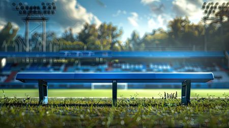 Dynamic view of a blue coach's bench in a bustling football stadium - capture the energy and strategy of the gameの素材
