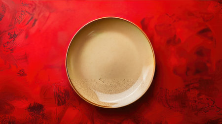 Minimalist dining: Top view of an empty beige ceramic plate on a striking red background, leaving space for textの素材