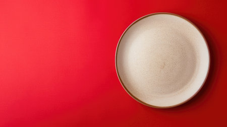 Minimalist dining: Top view of an empty beige ceramic plate on a striking red background, leaving space for textの素材