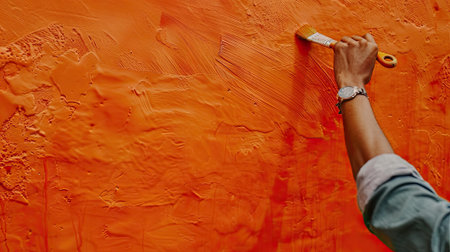 Creative transformation: Close-up of a designer painting wall with a brush.の素材