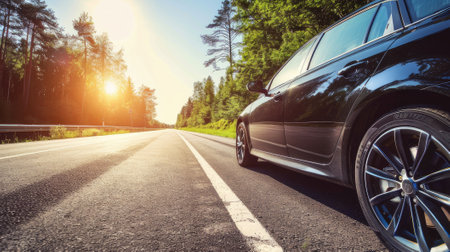 Picturesque view of an asphalt road with a modern black car, capturing the essence of travel and adventure.の素材