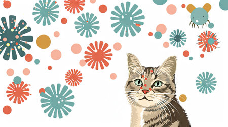 Feline wellness: Cute cat and helminths illustration under a microscope on a white background, banner design.の素材