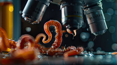 Scientific exploration: Closeup of a microscope in a laboratory with a zoomed view on parasitic wormsの素材