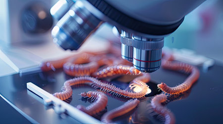 Scientific exploration: Closeup of a microscope in a laboratory with a zoomed view on parasitic wormsの素材