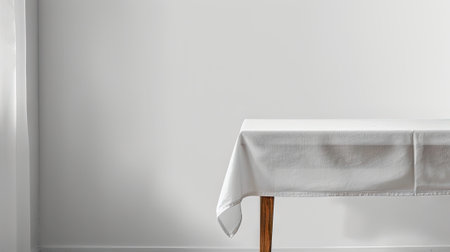 Elegance in simplicity: Table with a white tablecloth isolated on white, embodying minimalistic dining and interior design.の素材