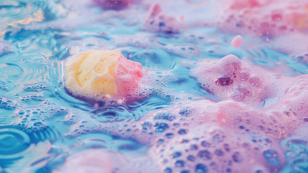 Sensory delight: Closeup of colorful foam after dissolving bath bomb in water, creating a spa atmosphereの素材