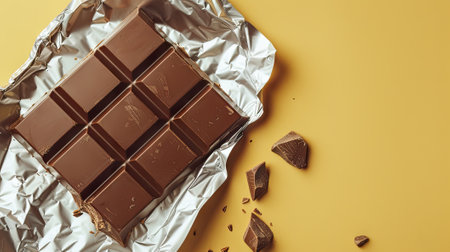 Bitten chocolate bar in foil on a pale yellow background, top view. Ideal for stock images capturing the temptation and satisfaction of gourmet chocolate. Space for textの素材