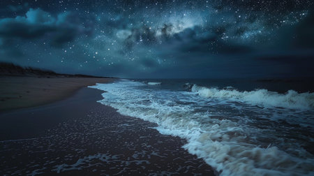 Celestial serenity: Sea waves rolling onto a sandy beach under a starry sky at night. Perfect for stock images capturing the tranquil beauty of a coastal landscape under the night skyの素材