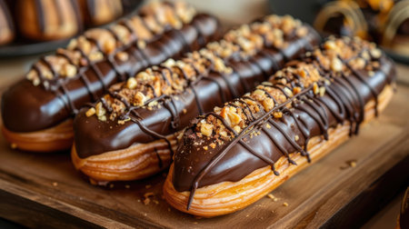 chocolate-covered eclairs isolated on a white background, highlighting the indulgent delight of these gourmet treats.の素材
