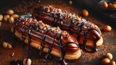 chocolate-covered eclairs isolated on a white background, highlighting the indulgent delight of these gourmet treats.の素材