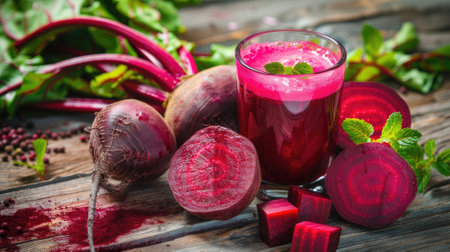detox juice with a freshly picked bunch of beetroot on a wooden table.の素材