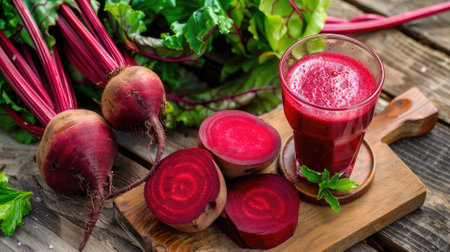 detox juice with a freshly picked bunch of beetroot on a wooden table.の素材