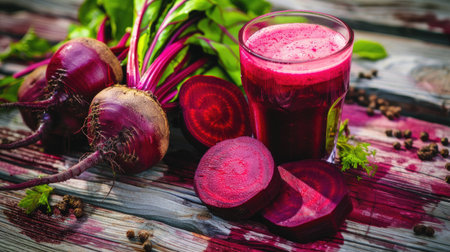 detox juice with a freshly picked bunch of beetroot on a wooden table.の素材
