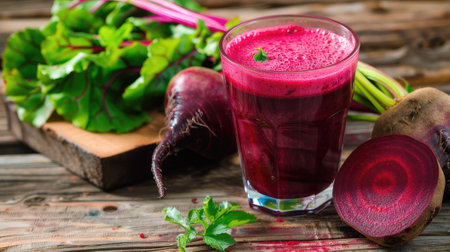 detox juice with a freshly picked bunch of beetroot on a wooden table.の素材