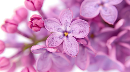 purple lilac flower closeup, isolated on a white background.の素材