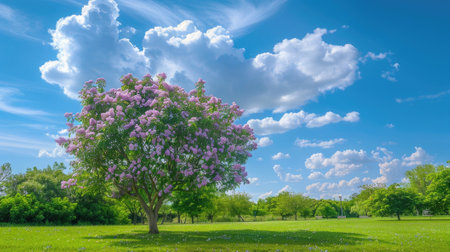 lilac tree growing under the sunny sky.の素材