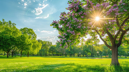 lilac tree growing under the sunny sky.の素材