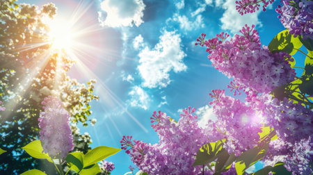lilac tree growing under the sunny sky.の素材