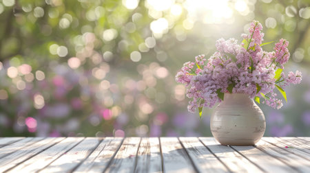 lilac flowers bouquet in a ceramic vase on a wooden garden table against a blurred outdoor terrace in a sunny day.の素材