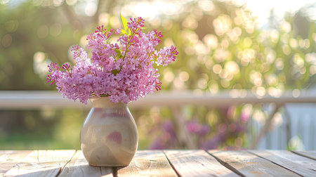 lilac flowers bouquet in a ceramic vase on a wooden garden table against a blurred outdoor terrace in a sunny day.の素材