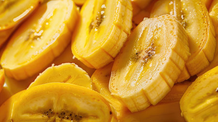 background of ripe sliced banana slices, closeup, creating a vibrant and nutritious food backdrop.の素材