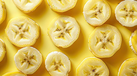 background of ripe sliced banana slices, closeup, creating a vibrant and nutritious food backdrop.の素材
