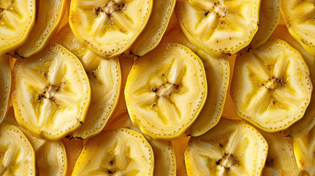 background of ripe sliced banana slices, closeup, creating a vibrant and nutritious food backdrop.の素材
