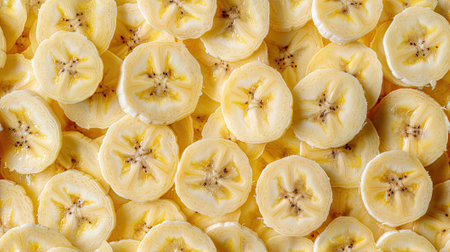 background of ripe sliced banana slices, closeup, creating a vibrant and nutritious food backdrop.の素材