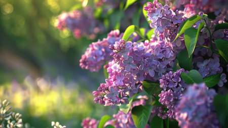 beautiful lilac flowers on a summer day, capturing the vibrant colors and floral beauty of a blooming lilac bush.の素材