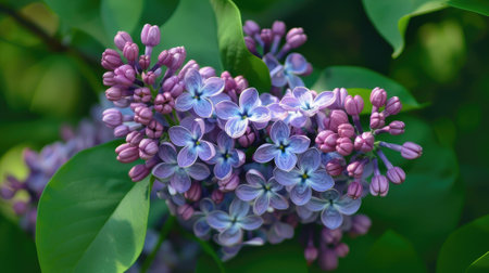 beautiful lilac flowers on a summer day, capturing the vibrant colors and floral beauty of a blooming lilac bush.の素材