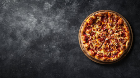 delicious pizza in a cardboard box on a dark chalkboard, creating an appetizing top viewの素材
