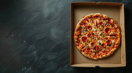 delicious pizza in a cardboard box on a dark chalkboard, creating an appetizing top viewの素材